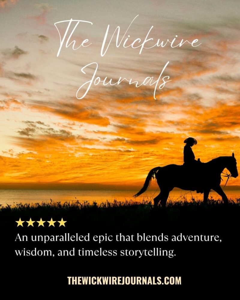 The Wickwire Journals novel cover with cowboy on horseback at sunset, five-star review for epic adventure and timeless storytelling