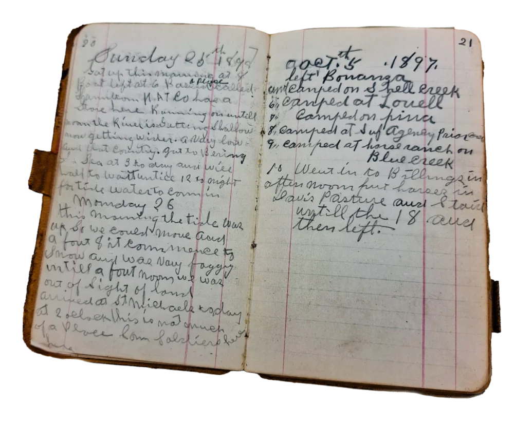 Byron F. Wickwire's handwritten 1897 journal open to entries about leaving Bonanza and reaching Billings